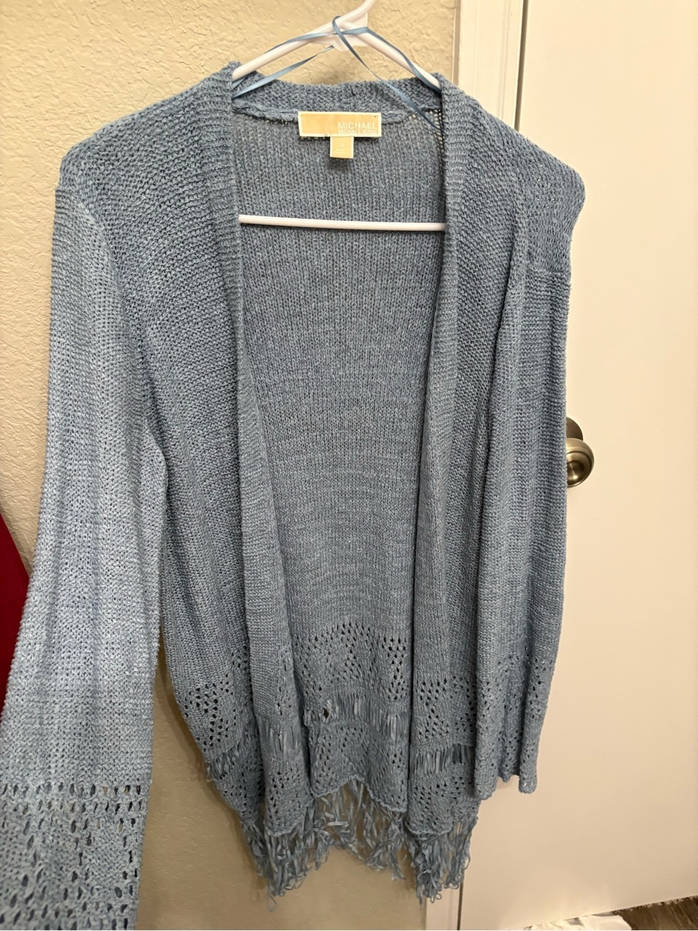 Light Blue Open-Front Fringe Knit Cardigan Sweater Michael Kors